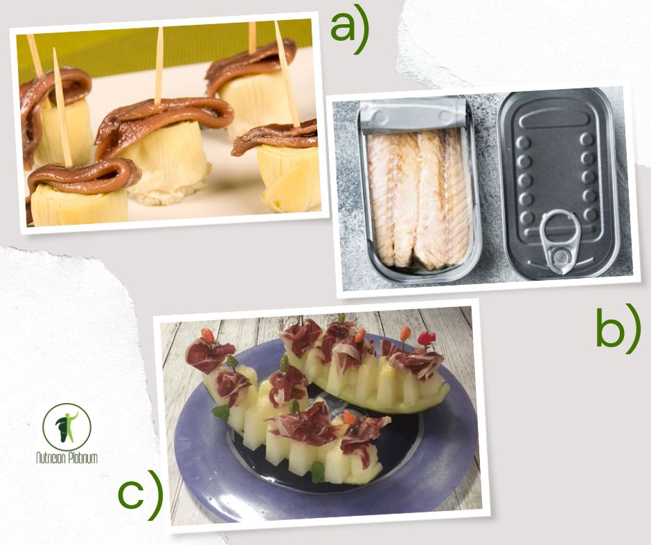 Alcachofas con anchoas mas melva en conserva y una tajada de melón.